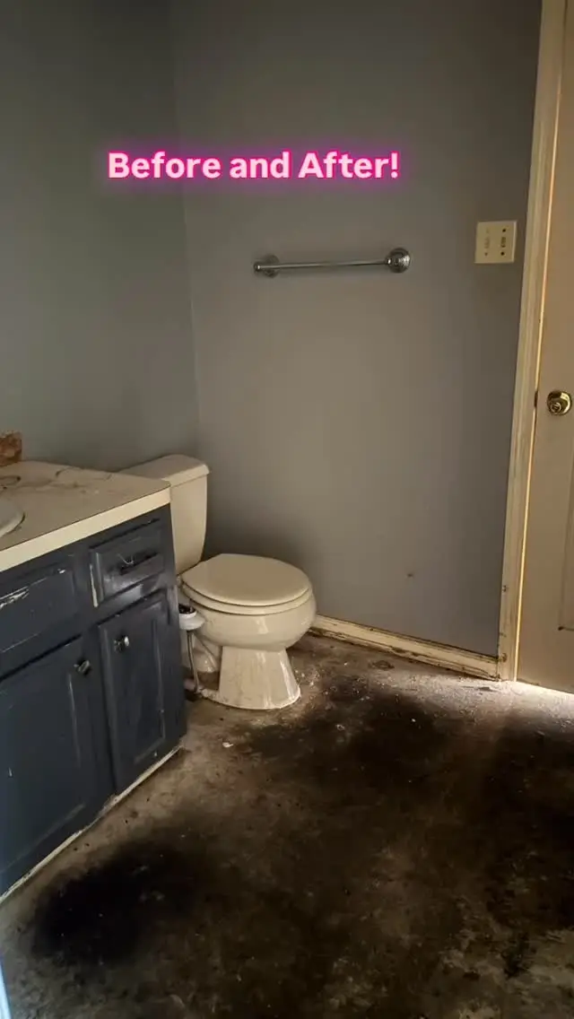 A bathroom mid-renovation with a Before and After banner